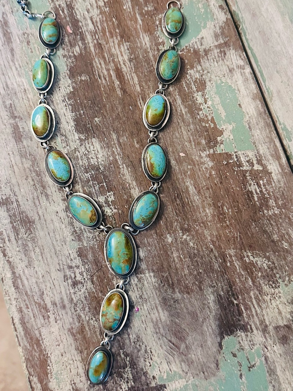 Royston Native made sterling silver Lariat. Oval Stone Link Necklace blue green